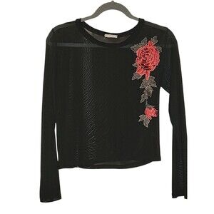 Tinywillow Long Sleeve Black Mesh Rose Floral embroidered crop T-shirt Size M*